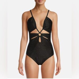 Time And Tru Women's Black, Gold Missy Elevated One-Piece Swimsuit Size L 12-14